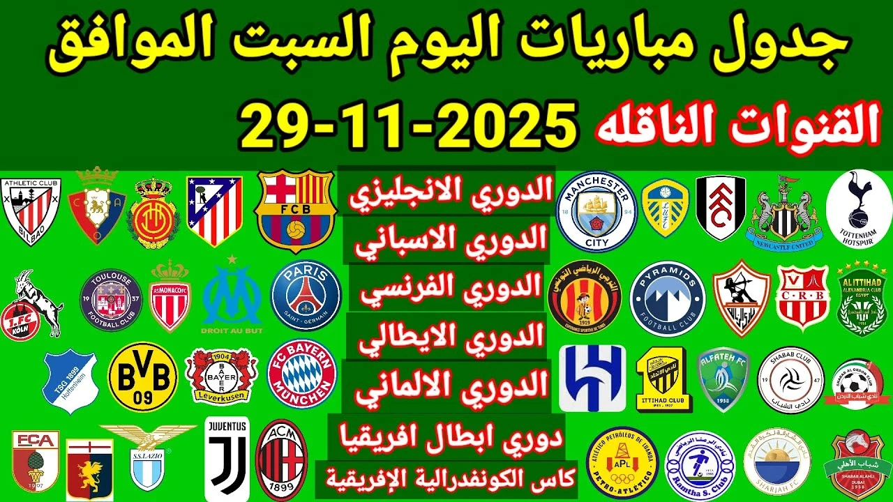 مواجهات قوية.. مواعيد مباريات اليوم والقنوات الناقلة السبت 29 نوفمبر 2025 بمختلف الدوريات العربية والعالمية